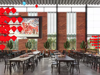 Cozy Restaurant Interior With Red Lanterns Large Decorative Painting Red Brick Walls And Green Plants 3d model