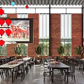 Cozy Restaurant Interior With Red Lanterns Large Decorative Painting Red Brick Walls And Green Plants