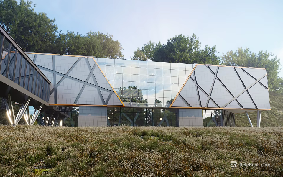Industrial Factory Building Modern Design With Geometric Glass Curtain Wall Surrounded By Trees And Grassland 3d model 