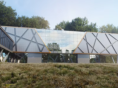Industrial Factory Building Modern Design With Geometric Glass Curtain Wall Surrounded By Trees And Grassland 3d model