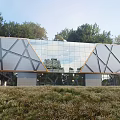 Industrial Factory Building Modern Design With Geometric Glass Curtain Wall Surrounded By Trees And Grassland