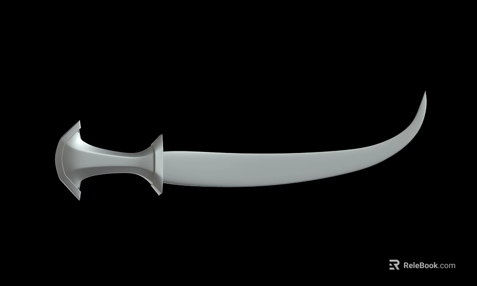 Curved Silver Blade Weapon Featuring Ornate Handle Design Against Black Background 3d model 