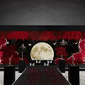 Wedding Banquet Hall With Red Floral Decorations Full Moon Backdrop And Red Carpet Aisle