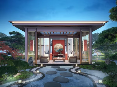 Chinese Style Courtyard Garden With Pavilion Stone Path Lush Greenery And Illuminated Lanterns 3d model