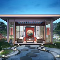 Chinese Style Courtyard Garden With Pavilion Stone Path Lush Greenery And Illuminated Lanterns