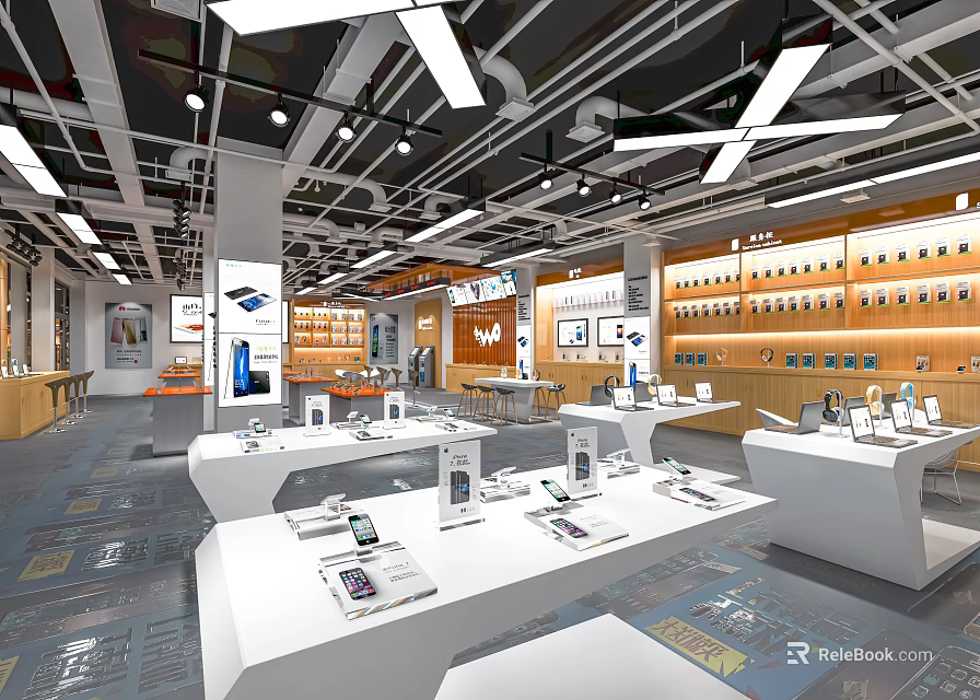 Modern Digital Store Interior With Display Tables And Mobile Phones 3d model 