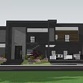 Modern Detached Villa Exterior With Two Story Structure Large Glass Windows Terrace And Garden Greenery
