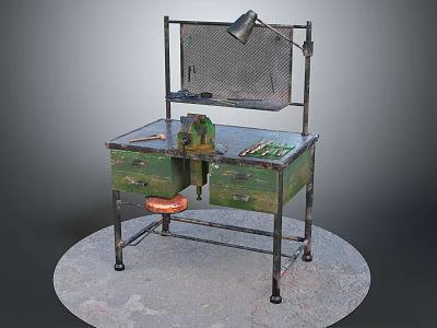 Vintage Workbench With Green Drawers Metal Frame Table Lamp Bench Vice Tools And Orange Stool 3d model