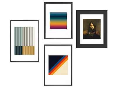 Set of Framed Decorative Paintings with Geometric Patterns and Portrait Art 3d model