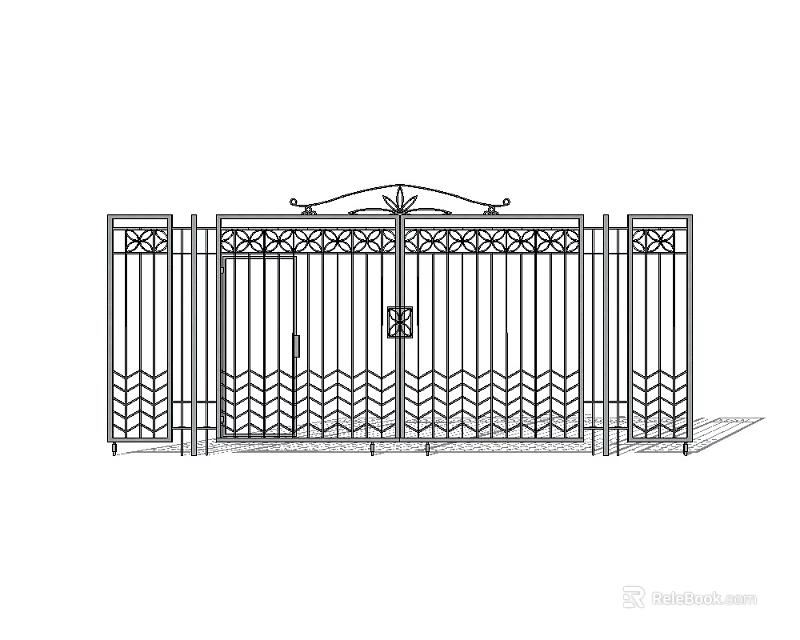 Iron Gate With Symmetrical Fence Structure And Top Decorative Pattern Design 3d model