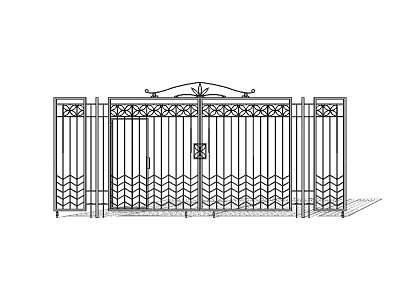 Iron Gate With Symmetrical Fence Structure And Top Decorative Pattern Design 3d model