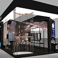 Shopping Mall Hall With COSMOM Booth Cherry Blossom Decorations Tables Chairs And Product Displays