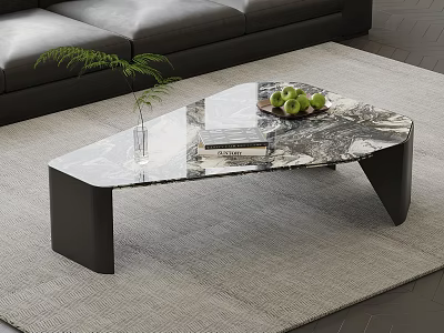 Modern Marble Coffee Table With Black Legs Green Plant Books And Fruits On Gray Rug 3d model