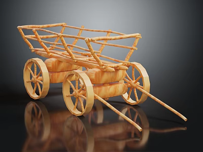 Vintage Handmade Wooden Cart With Wooden Wheels And Wicker Frame Design 3d model