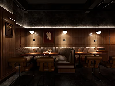 Modern Bar Interior Featuring Wooden Panels Leather Seats And Pendant Lights 3d model