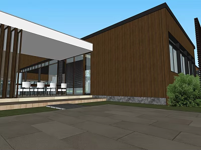 Modern Detached Villa With Brown Wooden Exterior Large Glass Windows And Terrace Courtyard 3d model