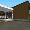 Modern Detached Villa With Brown Wooden Exterior Large Glass Windows And Terrace Courtyard