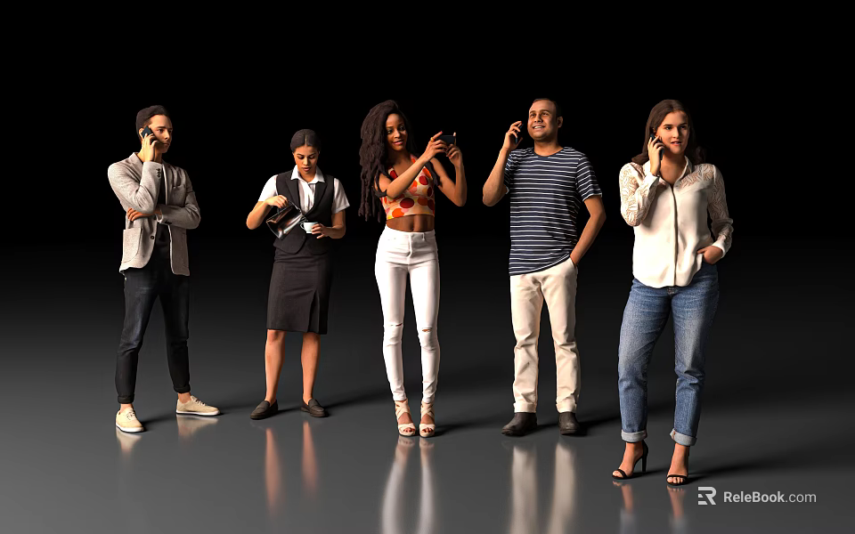 Group of People Standing Together With Diverse Outfits And Various Poses On Black Background 3d model 