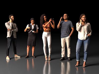 Group of People Standing Together With Diverse Outfits And Various Poses On Black Background 3d model