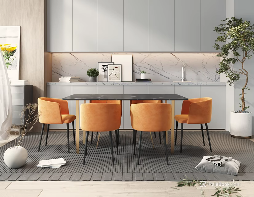 Modern Dining Table Set With Orange Chairs Gray Cabinets And Marble Countertop 3d model