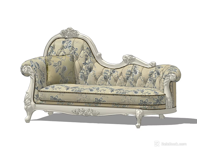 Classic European Style Chaise Lounge With Carved Details And Blue White Floral Fabric 3d model 