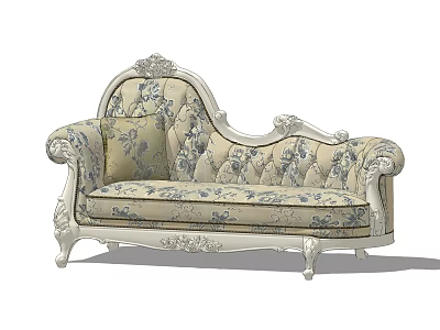Classic European Style Chaise Lounge With Carved Details And Blue White Floral Fabric 3d model