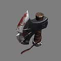 Medieval Battle Axe With Metal Head Star Decorations Bloodstains Wooden Handle Brown Straps Metal Base