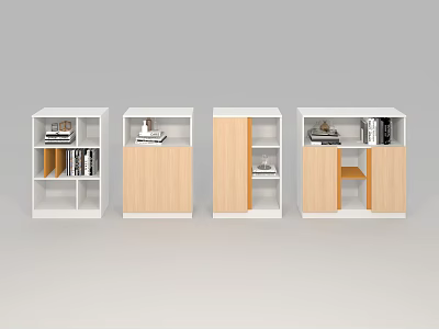 Modern White And Wooden Bookcases With Open Shelves And Storage Compartments 3d model
