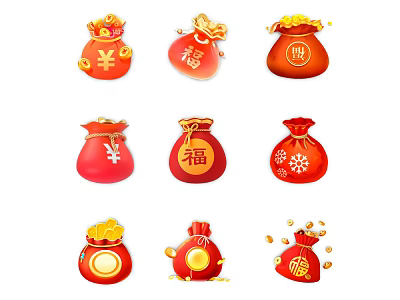 Traditional Red Fortune Bags With Fortune Characters Yen Symbols And Gold Coins 3d model