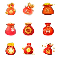 Traditional Red Fortune Bags With Fortune Characters Yen Symbols And Gold Coins