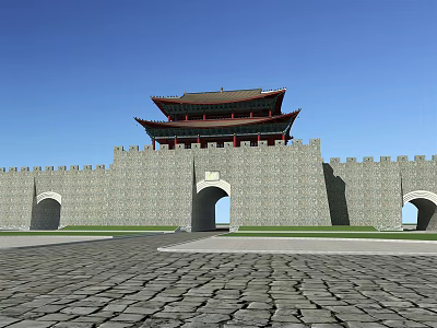 Traditional Chinese City Gate With Gray Wall And Multitiered Tower Under Blue Sky 3d model