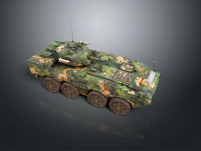 Military Wheeled Tank With Camouflage Paint Turret And Communication Antenna On Gray Background 3d model