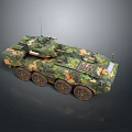 Military Wheeled Tank With Camouflage Paint Turret And Communication Antenna On Gray Background