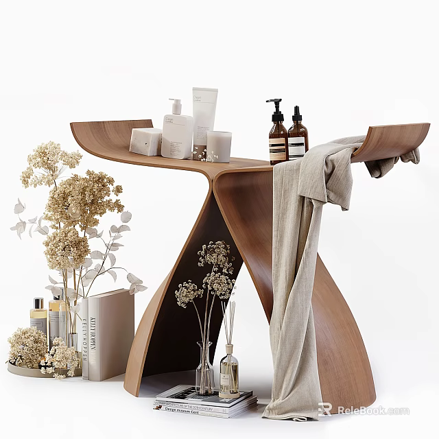 Wooden Curved Storage Shelf With Toiletries Dried Flowers Towel And Decorative Items 3d model 