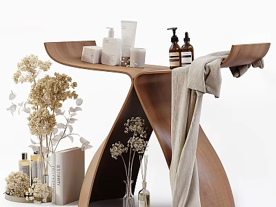 Wooden Curved Storage Shelf With Toiletries Dried Flowers Towel And Decorative Items 3d model