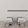 Relaxing Massage Beds In Modern SPA Room With Wooden Floor And Stools