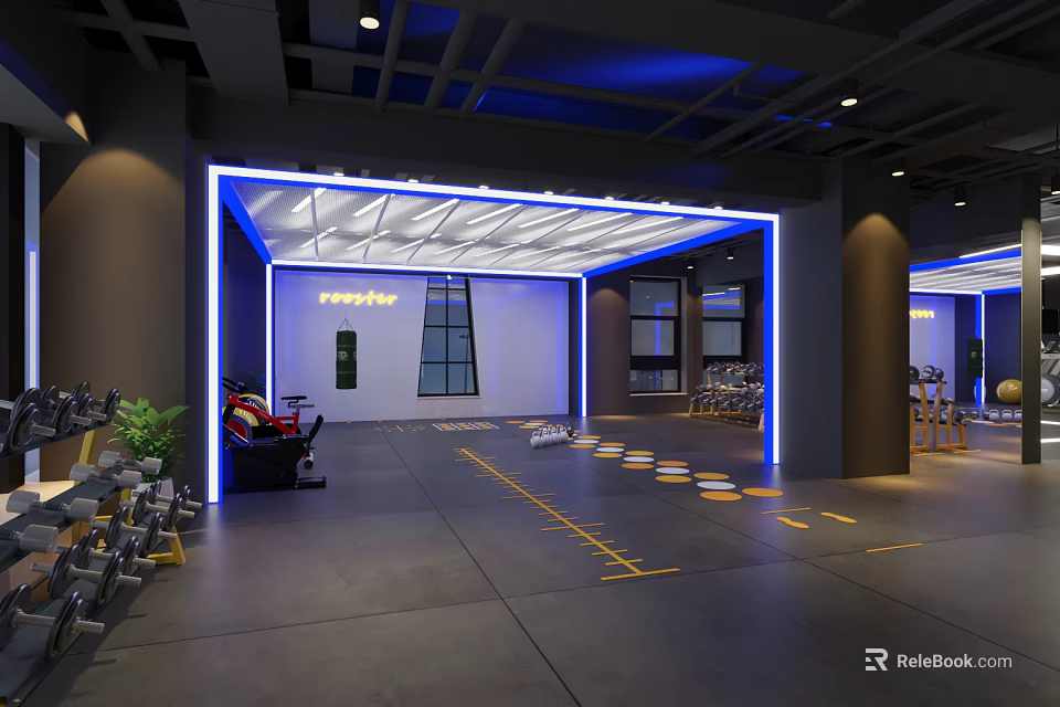 Modern Fitness Gym Interior With Blue Lighting White Ceiling Yellow Floor Lines And Equipment 3d model 