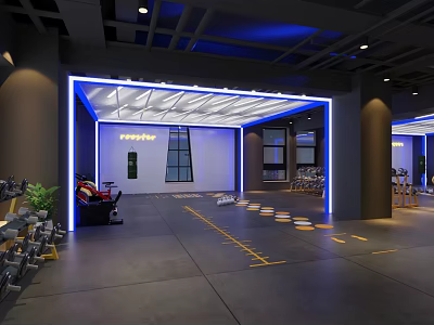 Modern Fitness Gym Interior With Blue Lighting White Ceiling Yellow Floor Lines And Equipment 3d model