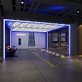 Modern Fitness Gym Interior With Blue Lighting White Ceiling Yellow Floor Lines And Equipment