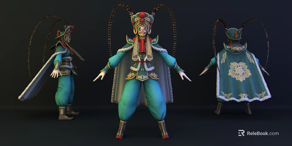 Traditional Opera Character in Blue Costume with Gold Embellishments Elaborate Headdress and Multiple Angles 3d model 