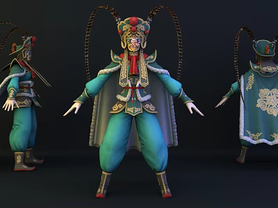 Traditional Opera Character in Blue Costume with Gold Embellishments Elaborate Headdress and Multiple Angles 3d model