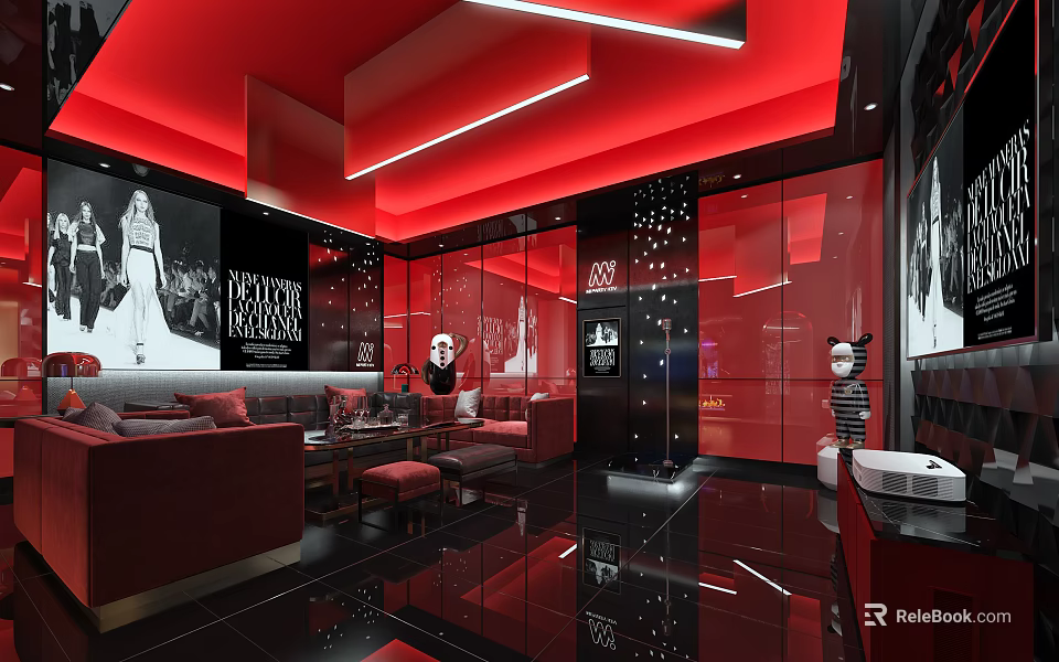 Modern KTV Interior Design With Red Ceiling Black Floor Red Walls And Comfortable Sofa 3d model 