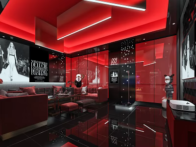 Modern KTV Interior Design With Red Ceiling Black Floor Red Walls And Comfortable Sofa 3d model