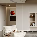 Modern Living Room Interior With TV Wall Built-in Cabinets White Sofa And Round Coffee Tables