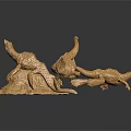 Golden Animal Sculptures With Antlers On Shiny Base And Dark Background
