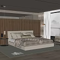 Modern Elegant Bedroom Interior With Floor to Ceiling Window Comfortable Bed Armchair and Wooden Floor