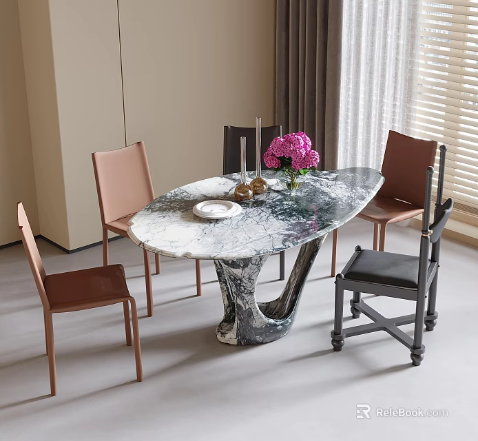 Elegant Oval Marble Dining Table With Brown Black Chairs And Flower Decor 3d model 