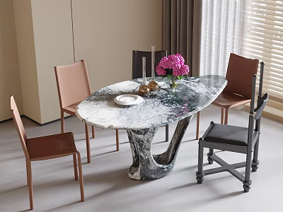 Elegant Oval Marble Dining Table With Brown Black Chairs And Flower Decor 3d model