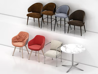 Stylish Accent Chairs In Brown Gray Pink Red With Upholstered Seats And Marble Side Table 3d model