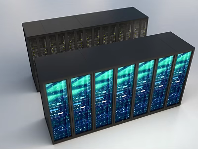 Dual Black Server Racks With Blue Screens Displaying Data Flow Patterns 3d model